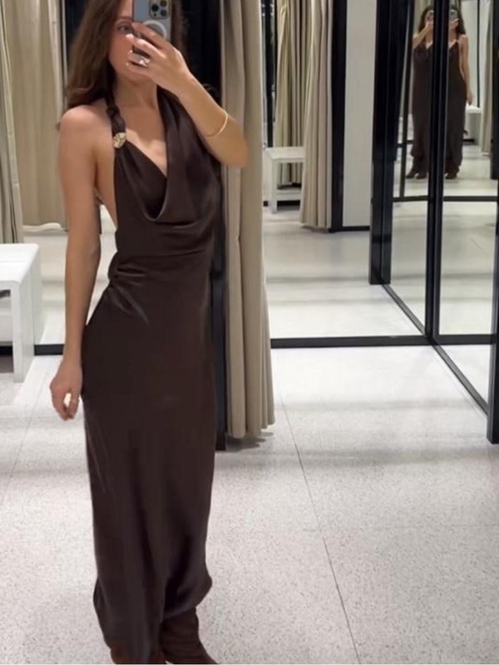Zara Brown Satin Backless Cowl Maxi Dress